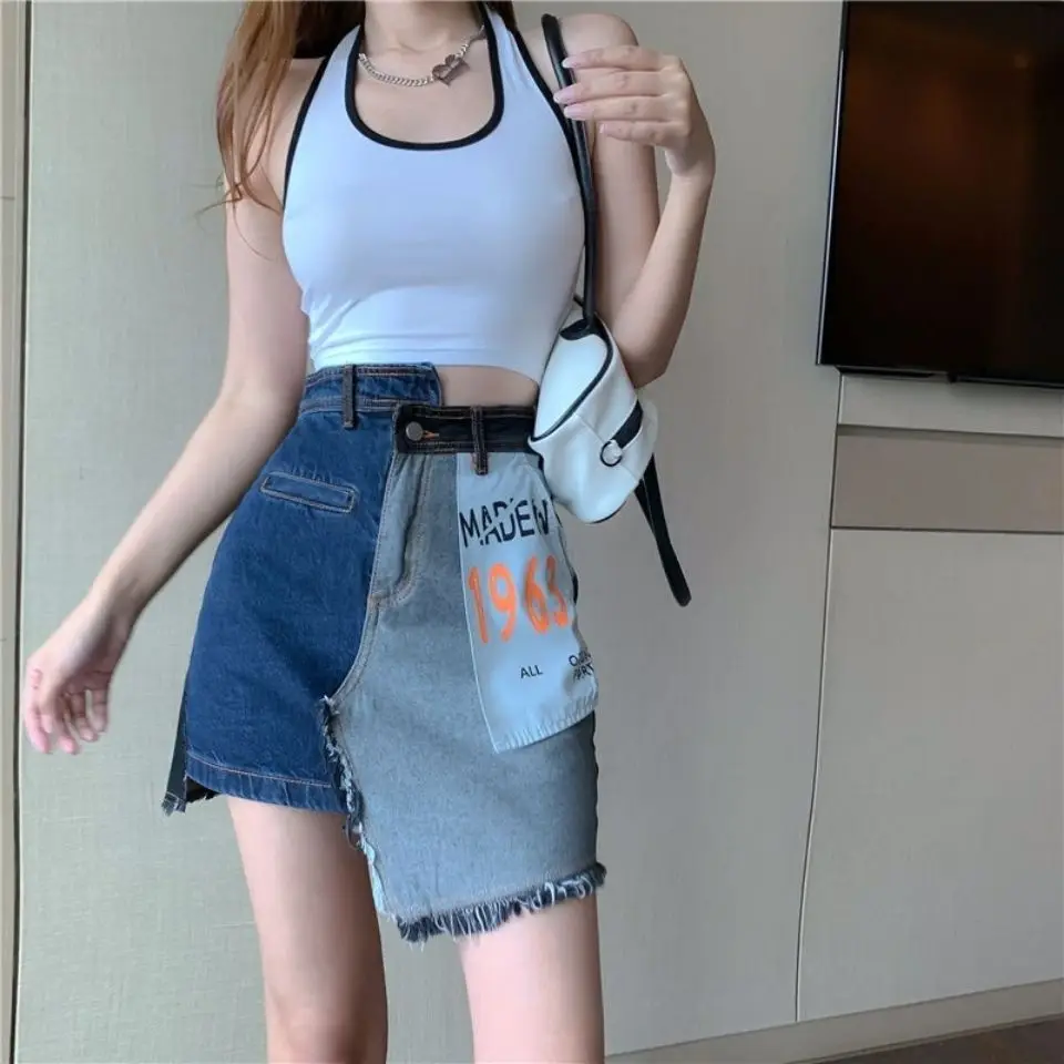

Fashion Hotsweet Vintage Contrast Stitching Edge Grinding Denim Mini Skirt Women Clohtes Girls High Waisted Slim Jeans Skirt
