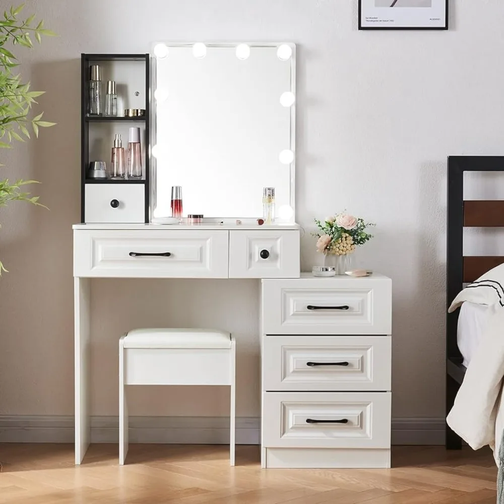 

Vanity Set with Lights & Mirror, Large Vanity Table with Storage Drawers & Stool, Bedroom Dresser Desk, White Vanity Desk
