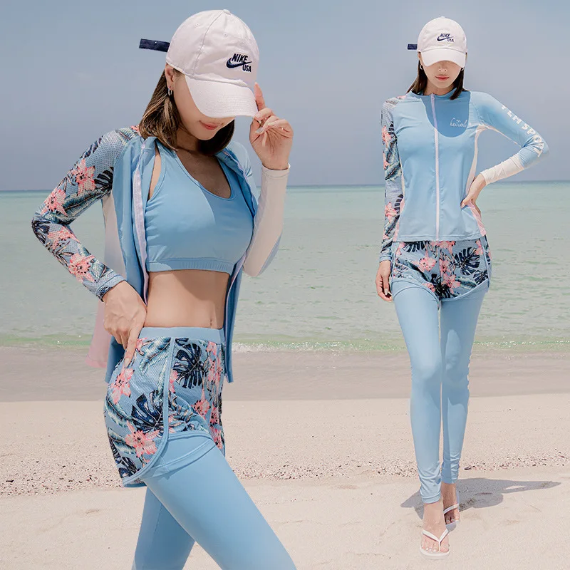 

Tankini Swimsuit Women Plus Size Swimwear 2022 Two Piece New Four Bathing Suit Female Long Sleeve Pants Diving Print Polyester