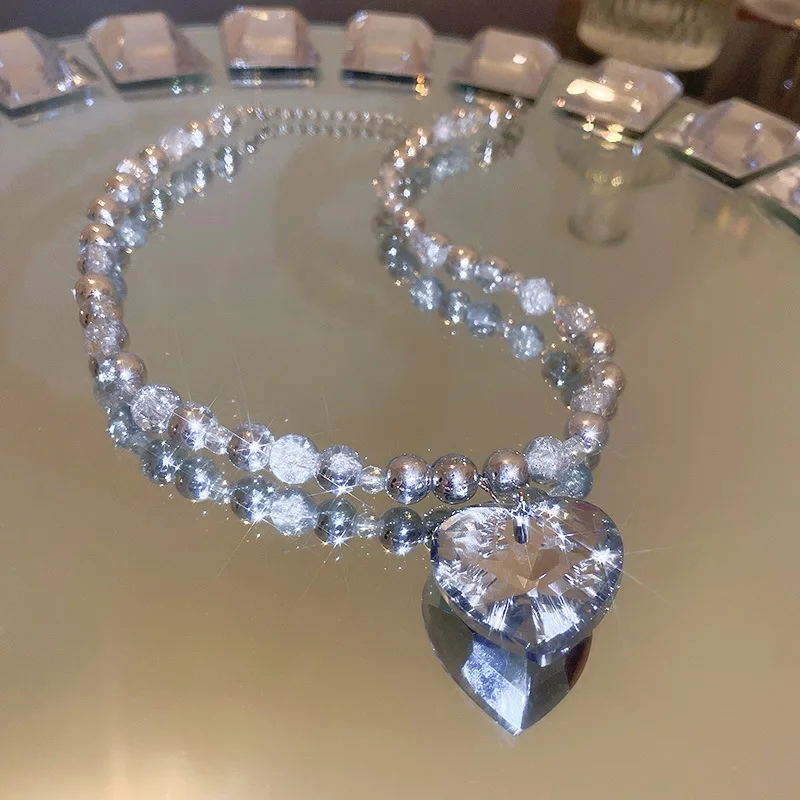

FYUAN Fashion Heart Crystal Choker Necklaces for Women Ball Chain Necklaces Statement Jewelry