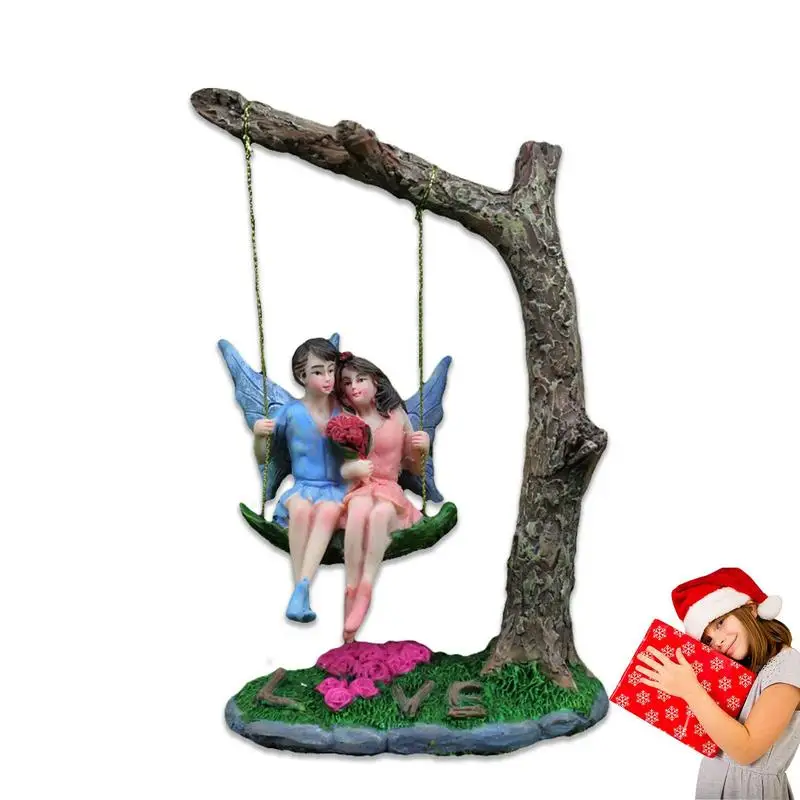 

Swing Fairy Couple Figurines Hanging Winged Flower Fairy Lover Sculpture House Doll House Figurine Statue For DIY Fairy Garden