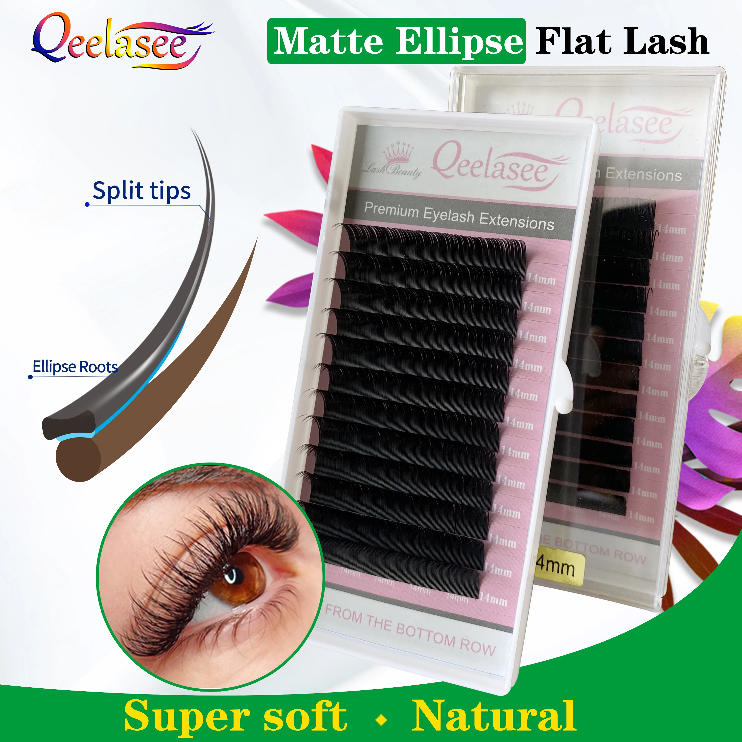 

Qeelasee New Matte Flat Eyelash Extensions Individual Mink 0.15 0.20 Softer Ellipse Flat Lash Split Tips Soft Volume Looking