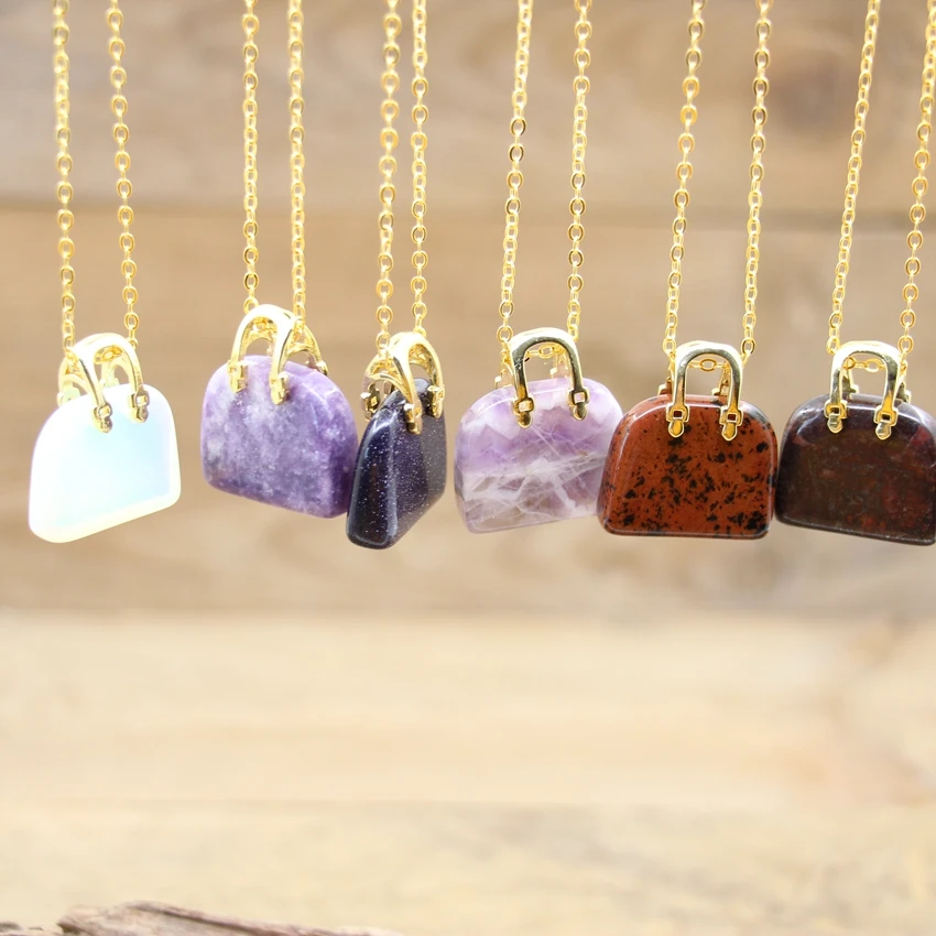 

Natural Stone Mini Bag Pendants Gold/Silver Chains,Healing Crystal Rose Quartzs Lapis Bag Model Necklace Boho Jewelry,QC3243