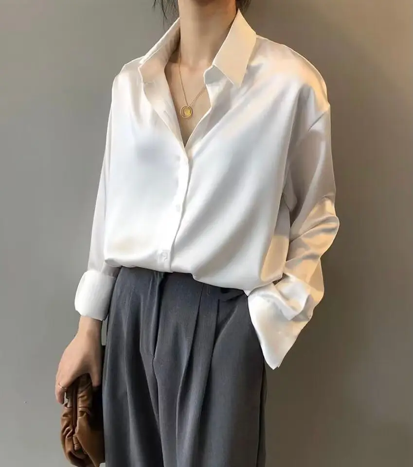 Lily Official Flagship Store Star Sle! Satin Silk Shirt Long sleeve Cardigan Women Spring and Autumn New Polo Collar