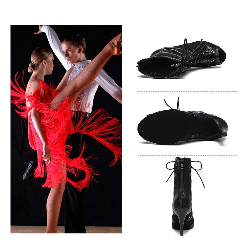 DKZSYIM NEW Dance Shoes Red Black Ballroom Jazz Boots High Top Latin Dance Shoes High Heels Salsa Tango Women Dancing Shoes
