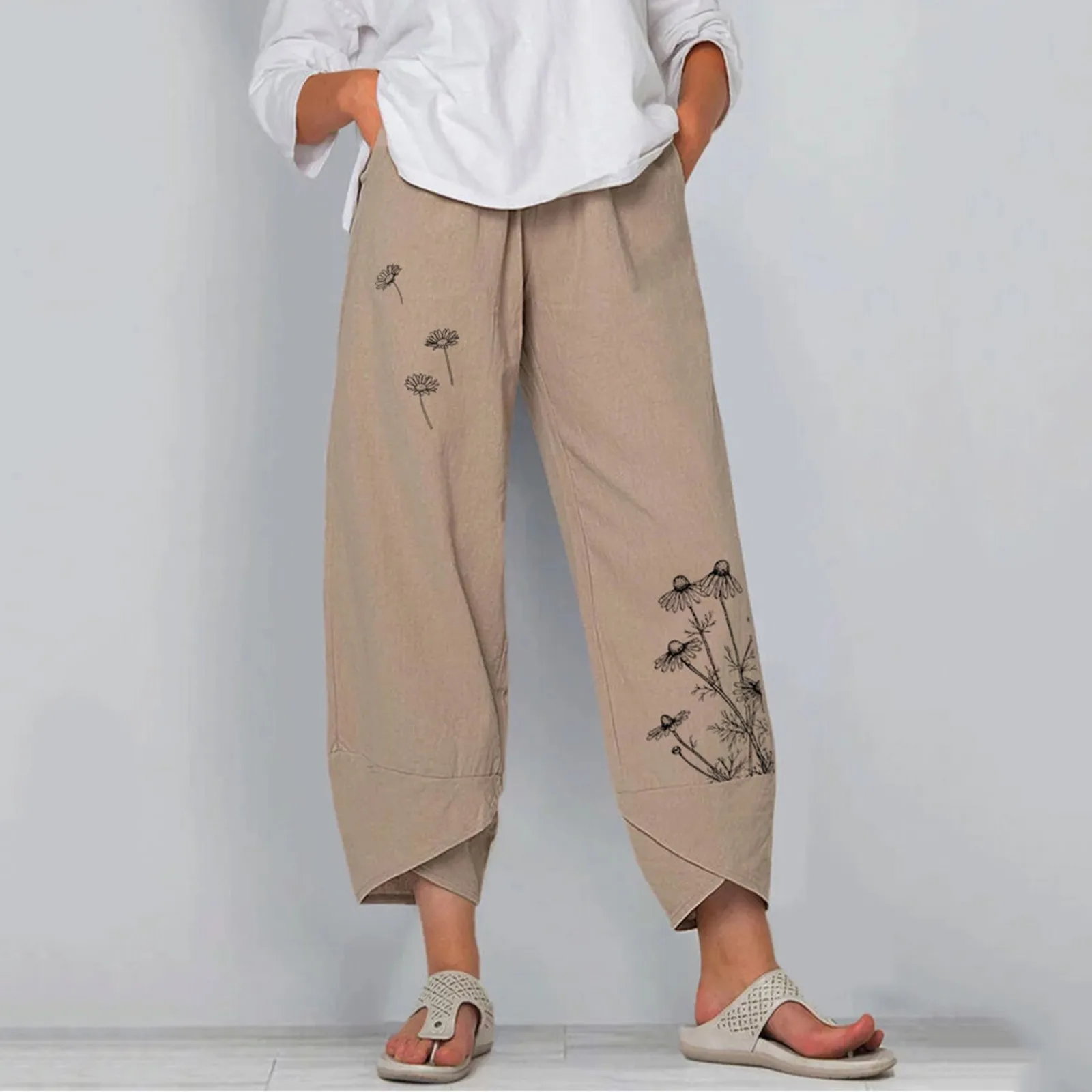 

Casual Pants Suits for Women Pants Print Cotton Fashion and Wide-leg Loose Linen Women's Casual Elastic Pants Women
