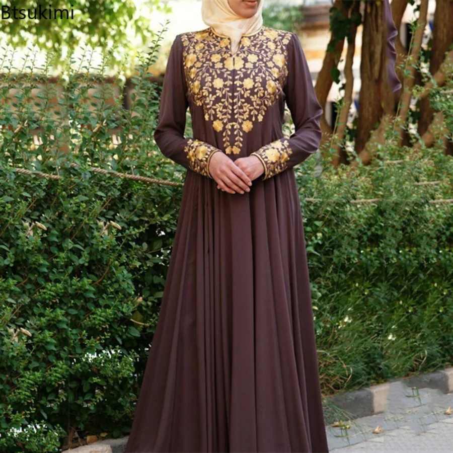 2023 Islamic Clothing Women Retro Ladies Elegant Long Sleeve V-neck Printed Chiffon Temperament Dress Women Autumn Muslim Dress