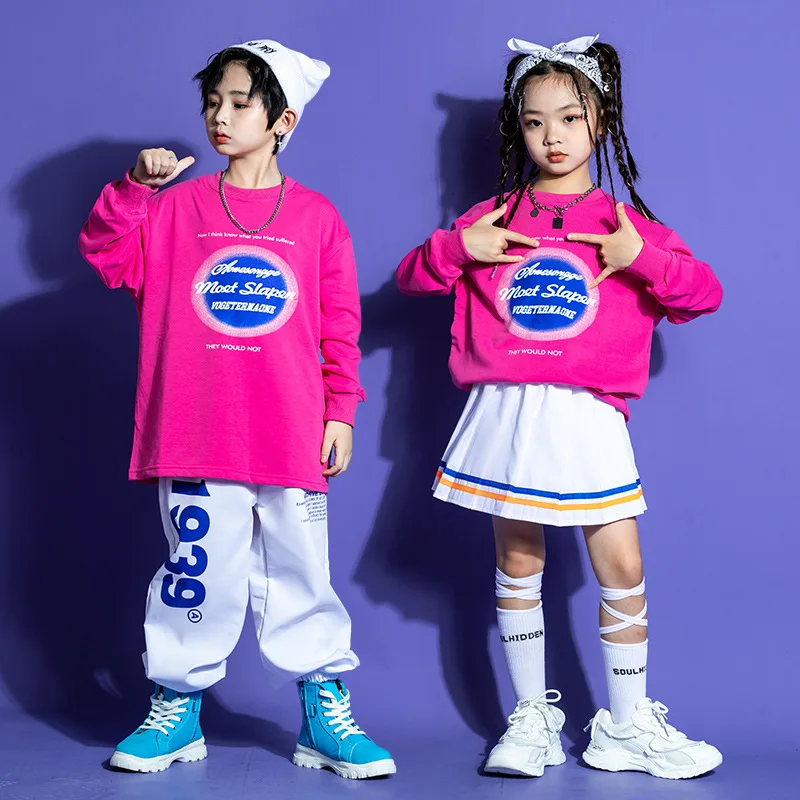

Kids Hip Hop Clothing Set Girls Boys Rose Red Hoodies Sport White Pants Kids Jazz Dance Costumes Ballroom Dancing Spring Outfits