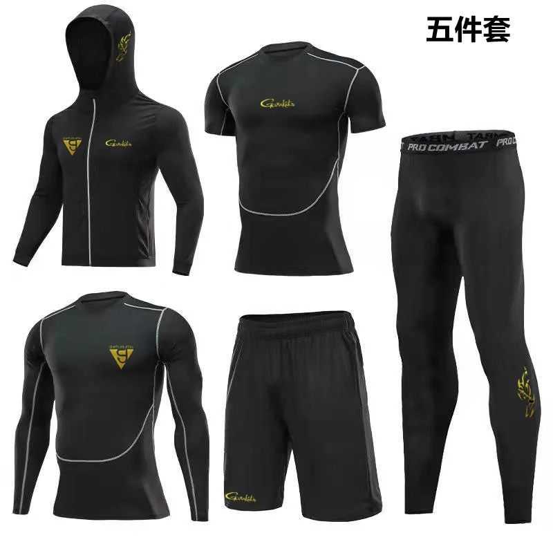 

2022 New Gamaktsu Fishing Suit Summer Men Sun Jacket Sports Ice Silk Quick-Drying Hooded Jacket Trousers Shorts Suit 5-piece set