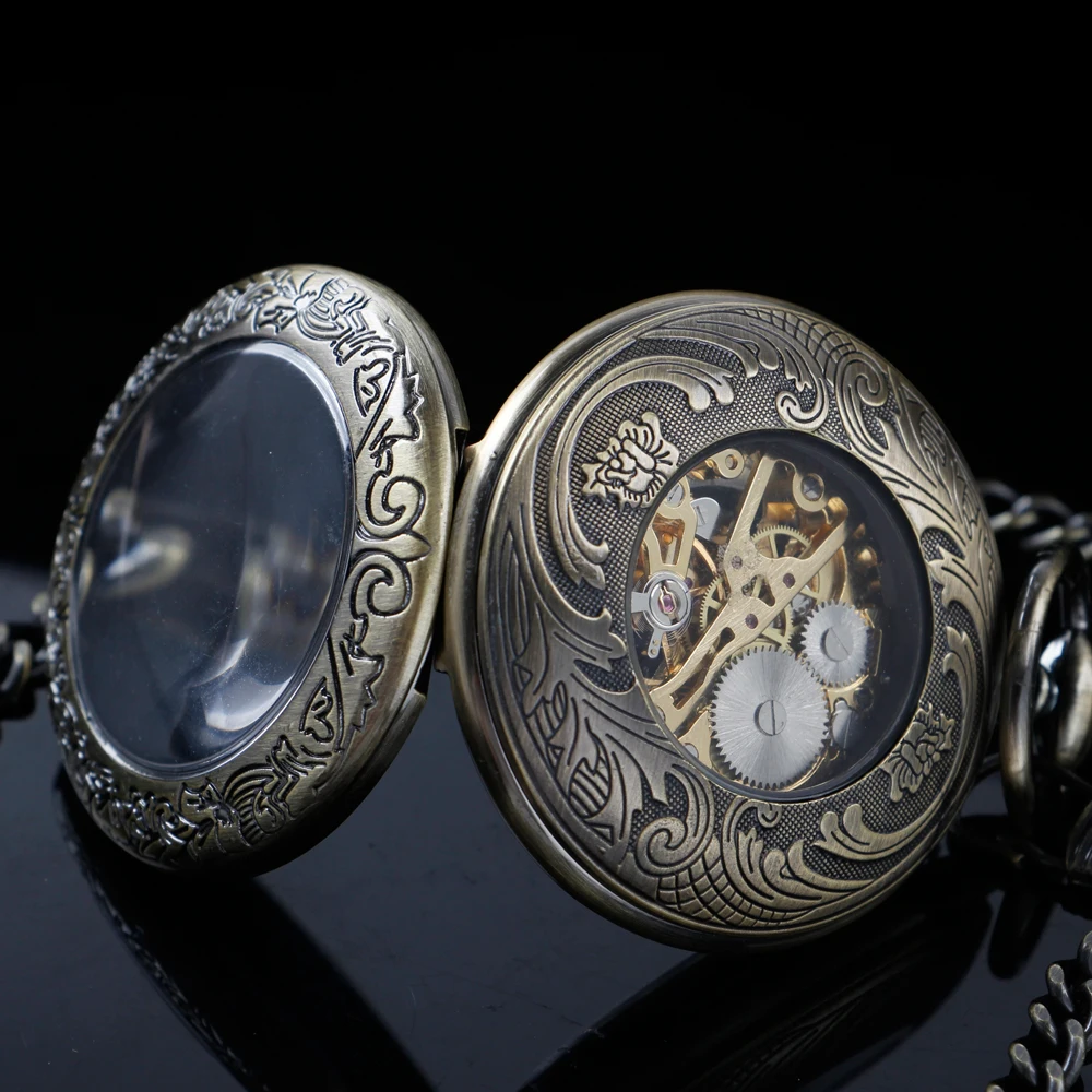 New Transparent Cover Pattern Mechanical Manual Pocket Watch Gold Roman Digital Skull Dial Pendant Automatic Antique Clock