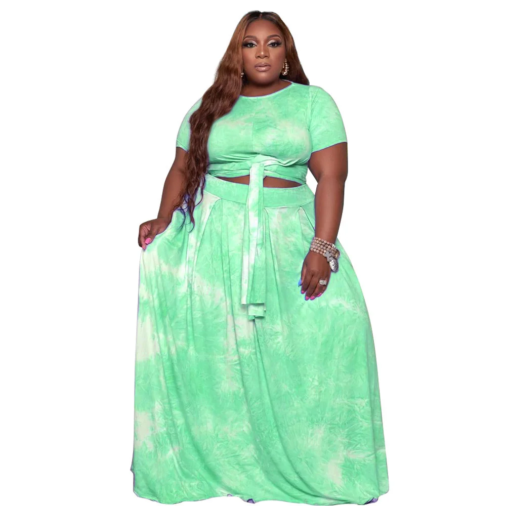 Plus Size Two Piece Set Women Summer Clothing Tie Dye Fashion Streetwear Bandage Crop Top Maxi Skirt Suit Who 3xl 4xl 5xl 6xl