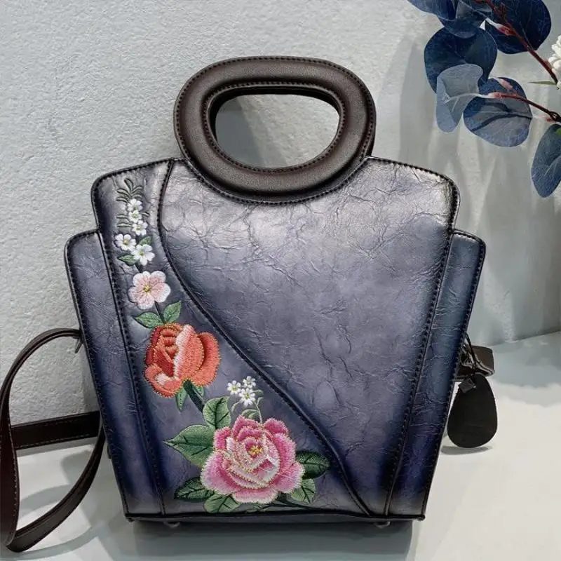 Johnature Exquisite Embroidery Retro Women Leather Bag Chinese Style Cheongsam Handbag Versatile Portable Shoulder Bags