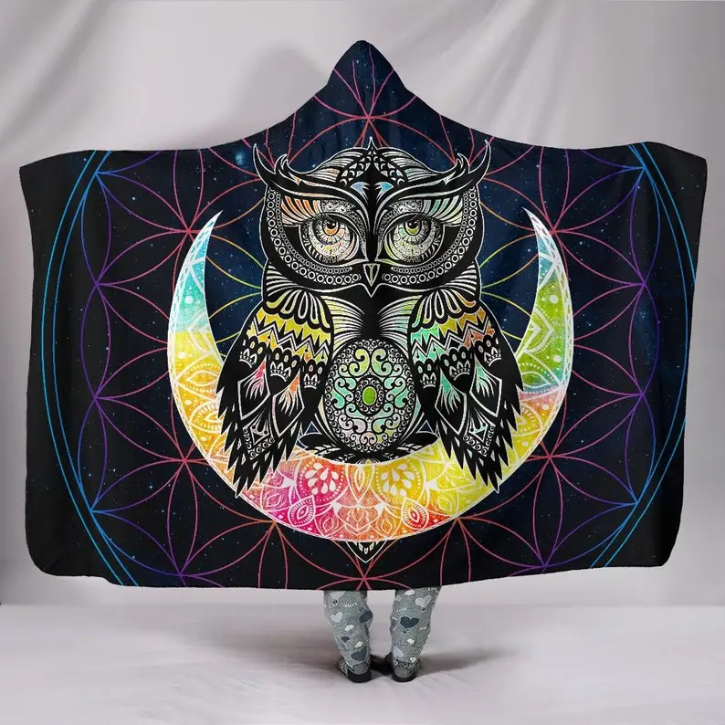 

Electro Owl Hooded Blanket - Celestial Flower Of Life, Sacred Geometry Throw, Mystical Blanket, Colorful Owl, Soft Wearable Blan