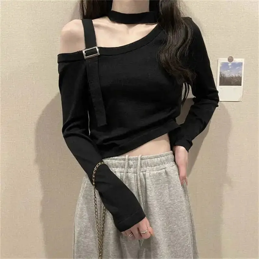 

Y2k одежда Сексуальная футболка с воротником-халтером Женская белая черная футболка короткий топ с открытыми плечами дизайнерская трикотаж...