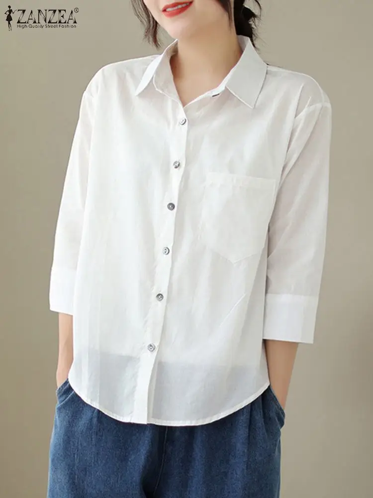 

2023 ZANZEA Women Casual Street Shirt Female Fashion OL Office Blusas Autumn 3/4 Sleeve Lapel Neck Blouse Ladies Solid Chemise