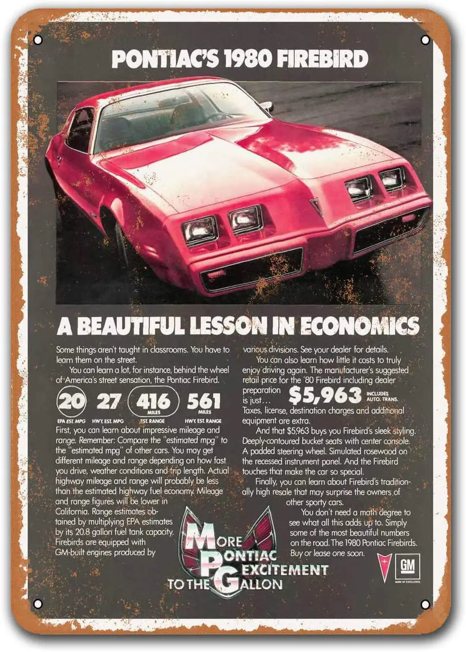 

1980 Pontiac Firebird Tin Metal Signs Vintage Cars, Sisoso Plaques Poster Garage Man Cave Retro Wall Decor 8x12 inch