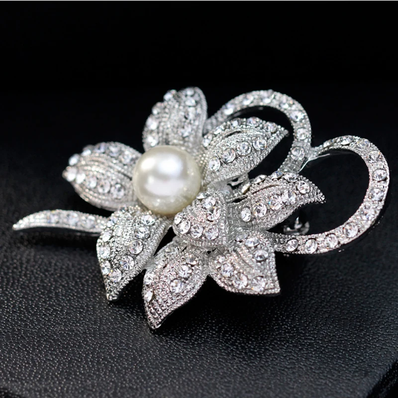 

Classy Flower Brooch Pin with Shiny Created Crystal and Created Pearl for Christmas wedding or prom