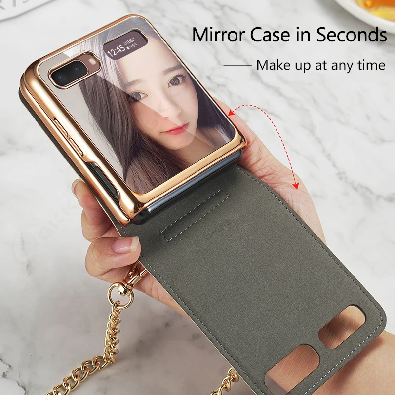 New Suitable Samsung Folding ZFlip3 Phone Case Cross Body Solid Mirror Anti Drop Phone Protective Leather Case