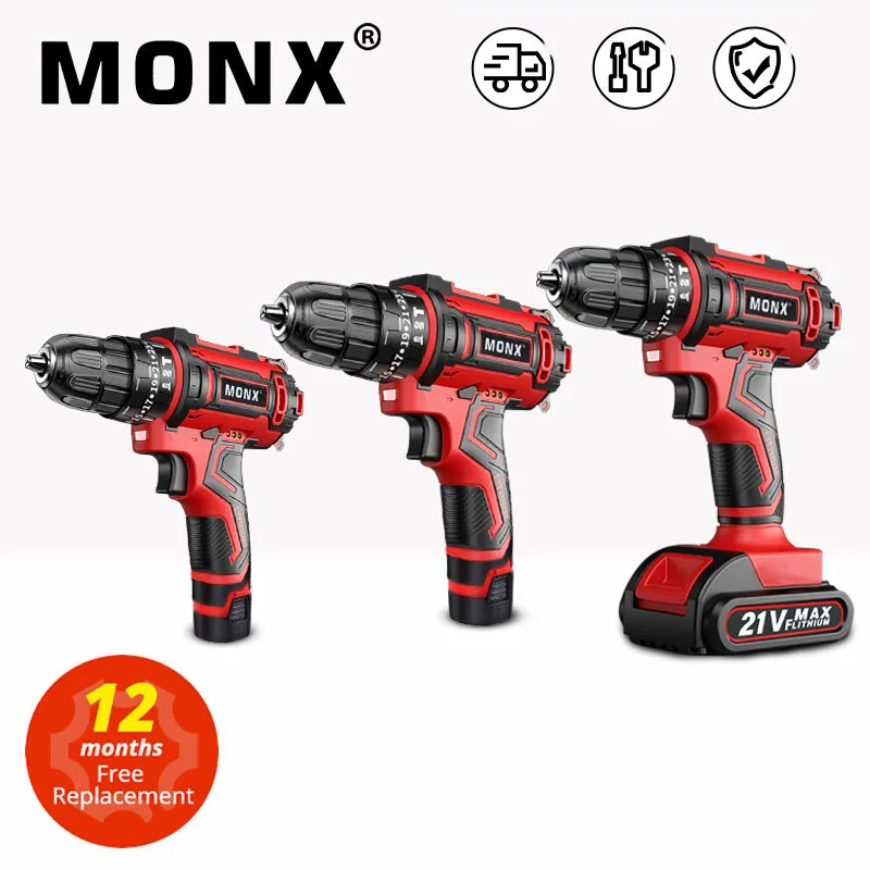 MONX Cordless Drill Electric Screwdriver 12V 18V 21V Mini Wireless Power Tools Impact Driver DC Lithium-Ion Battery