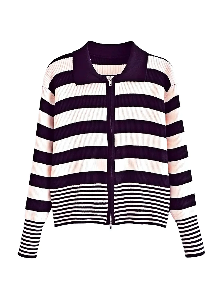 

Women's Lapel Patchwork Striped Sweater 2022 Autumn and Winter Fashion Girls Casual Women's Long Sleeve Zipper Cardigan Sweater