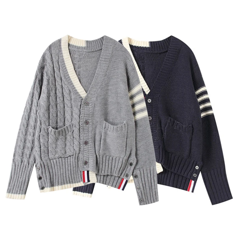 Korean version of the very fairy sweater cardigan women's autumn and winter V-neck asymmetric contrast color tb knitted jacket