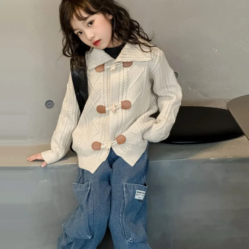 Новый цельный свитер для девочек пальто весенне-осенний вязаный свободный