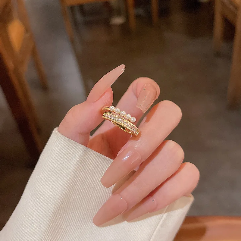 

Light Luxury Pearl Index Finger Ring Micro-set Zircon Double Layer Ring Women's In-fashion Lord of The Rings Jewelry Accessories