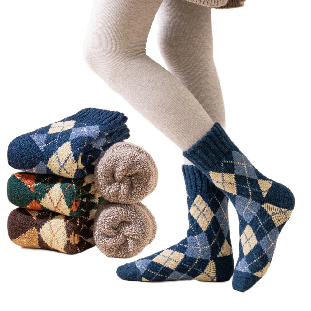 

Super Thick Winter Women Wool Socks Middle Tube Diamond Plaid Fashion Retro Warm Terry Boot Crew Socks 5 Pairs