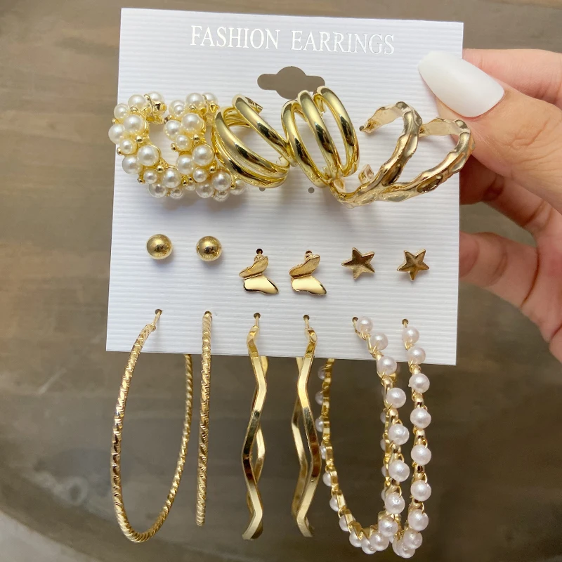 

Fashion Pearl Hoop Earrings Set For Women Trendy Gold Butterfly Big Hoop Earrings Brincos Jewelry Gift