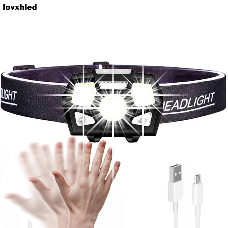 

LED Headlamp Fishing Headlight Headlamp Sensor Headlight with Built-in Battery Flashlight USB Rechargeable Torch 5 Light Modes