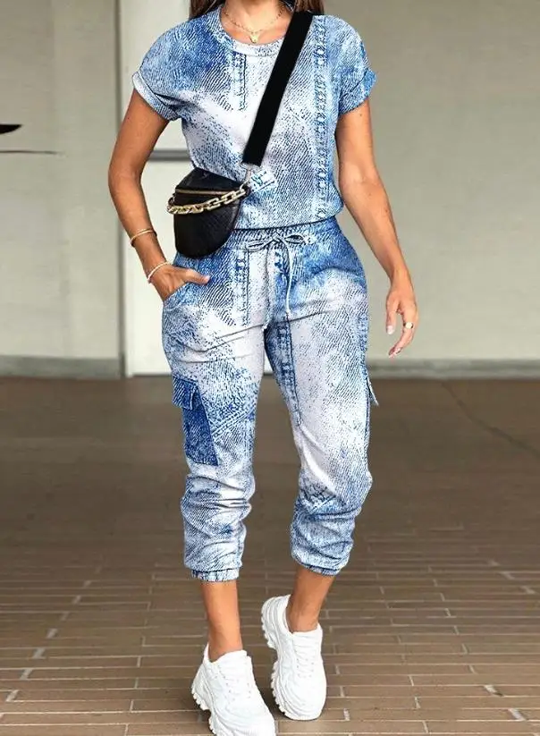 

Модная женская одежда, женская одежда в европейском и американском стиле, повседневный джинсовый топ с принтом и брюки с завязками и манжетами для женщин
