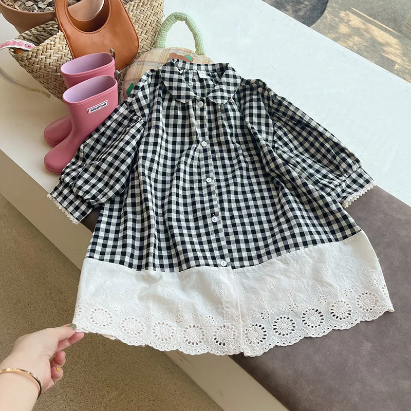

2022 Autumn New Girl Baby Plaid Loose Long Sleeve Lace Princess Dress Children Cotton Splicing Casual Party Dresses Kid Costume