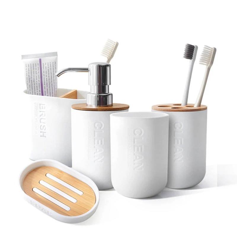 

Household Toiletries Set Lotion Bottle Toothbrush Mouthwash Cup Holder Soap Dish Bamboo Bathroom Supplies