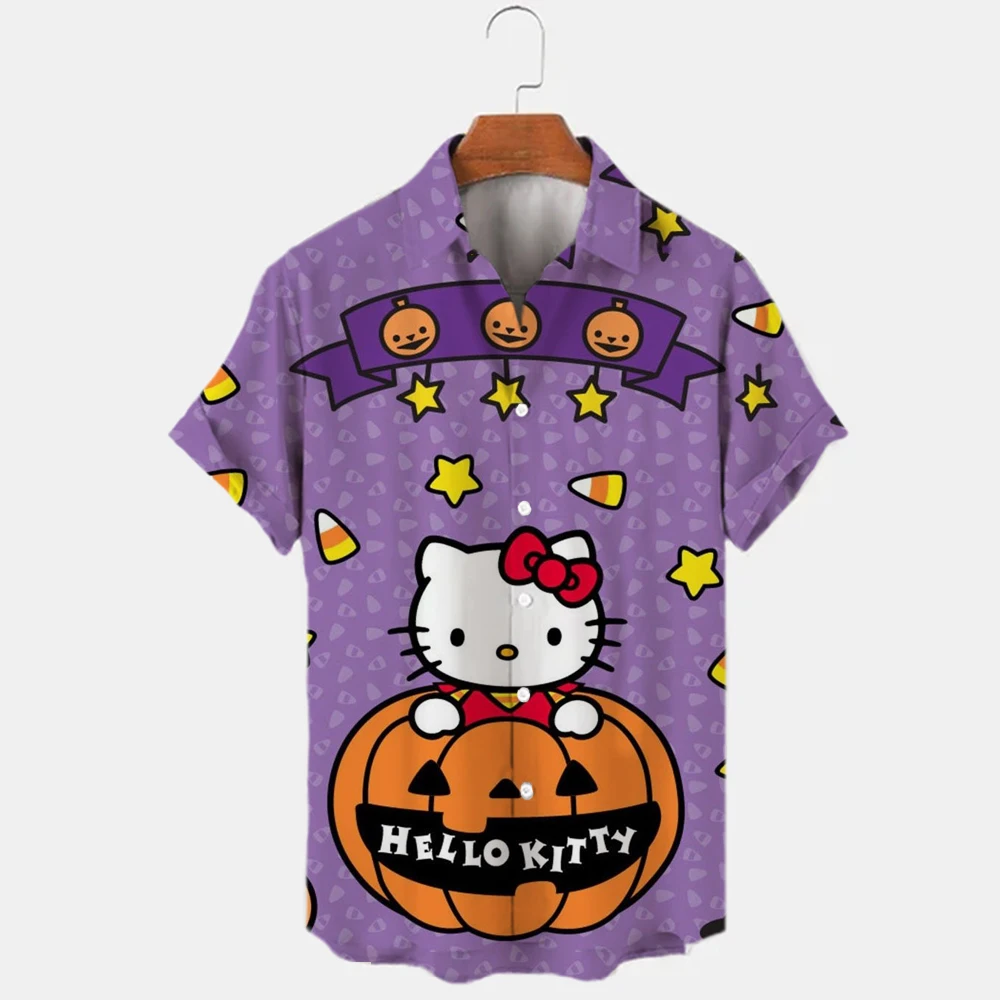 

Женская рубашка-поло с коротким рукавом, Однотонная рубашка-поло с 3D принтом Hello Kitty, короткая рубашка на пуговицах, весна-осень 2023