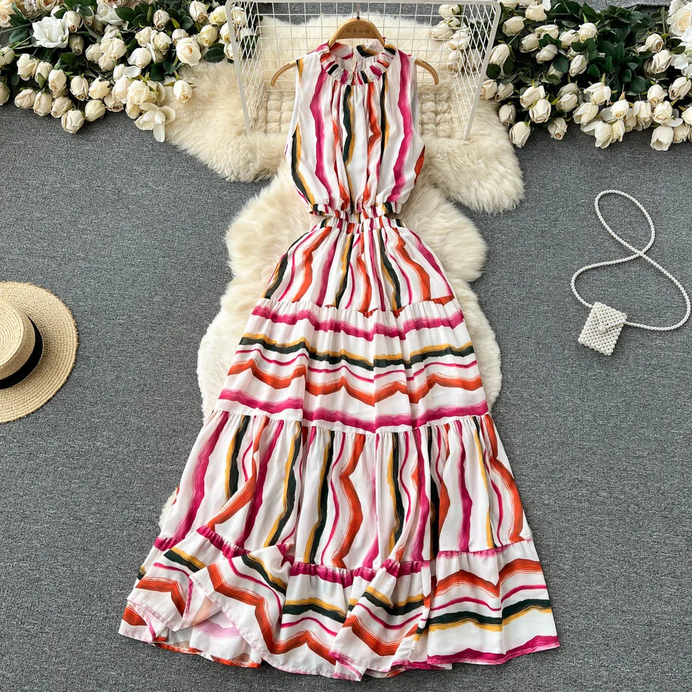 

Ins Women New Fashion Summer Halter Sleeveless Slim Waist Hollow Stripe Maxi Dress Holiday Beach Clothes Vestidos F060