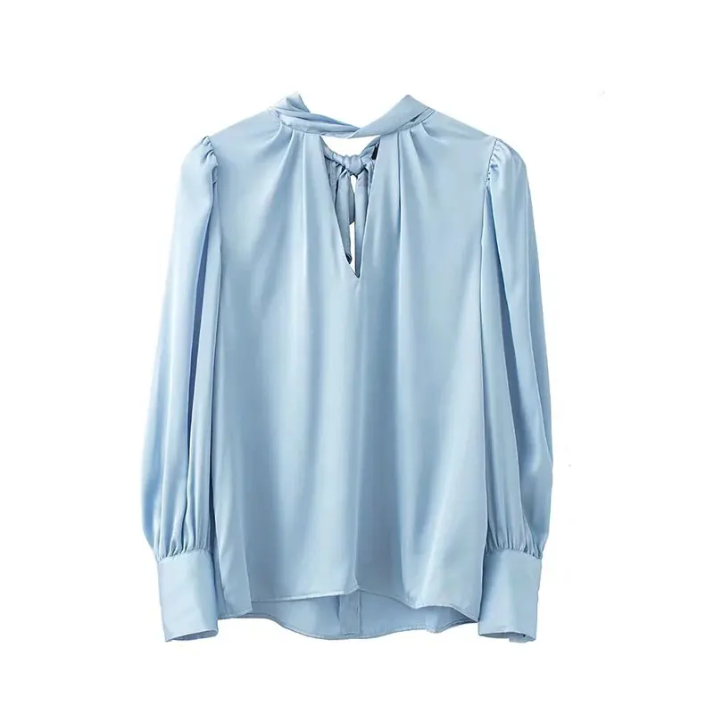 

Женская плиссированная блузка Nlzgmsj ZBZA 2022, блузка на шнуровке сзади, модная блузка с круглым вырезом и длинными рукавами для женщин