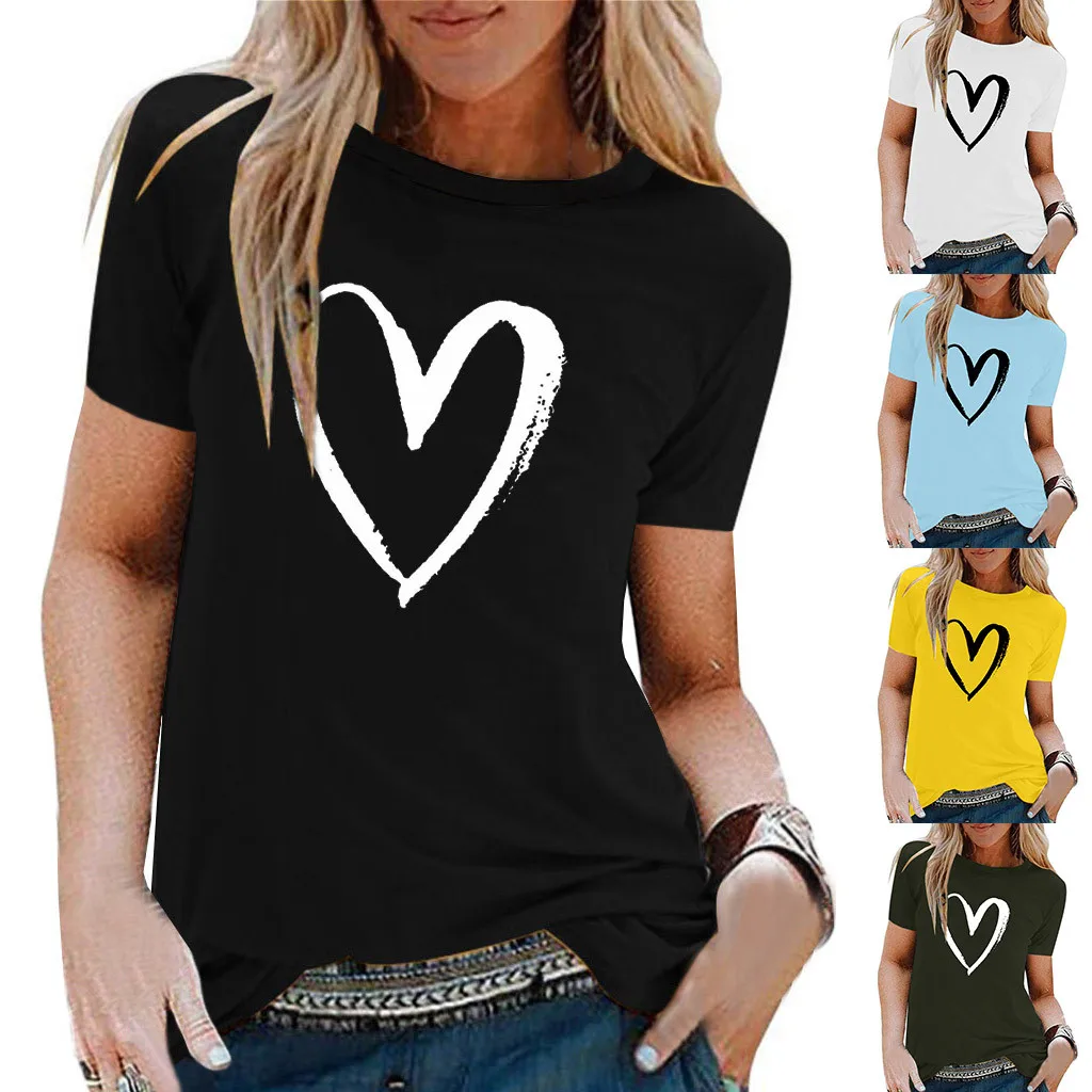 

Женские футболки, повседневная женская летняя рубашка с коротким рукавом и принтом сердца, повседневные туники, топы, блузка, женские футбо...