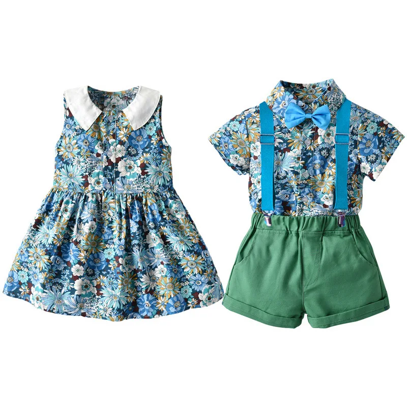 Summer Brother Sister Matching Outfits Kids Baby Girl Dress Boy Suspender Suits  Family  Outfit Floral Holiday Wear