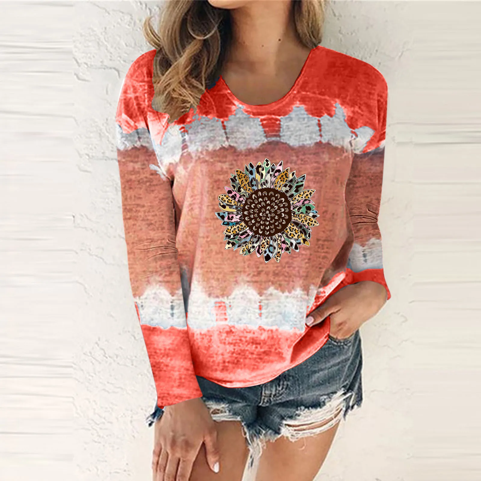

Womens Casual Fashion Round Neck Tie Dye Printing Long Sleeve T Ladies Workout Clothes Sets Long Sleeve T Shirts Tunic Tops
