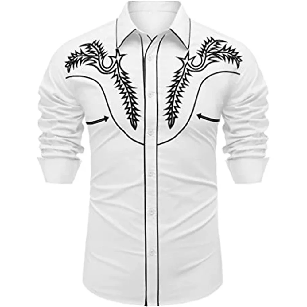 Western style shirt with floral pattern, white 3D printing, street long sleeved buttons, fashion clothing designer, casual 2023