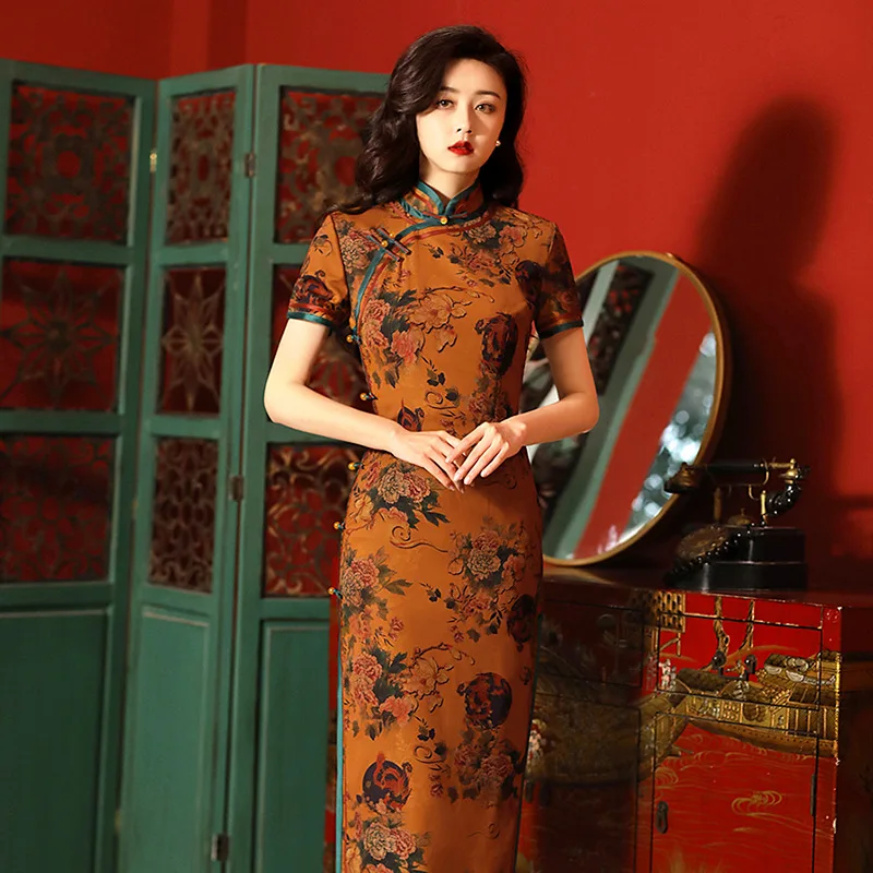 

Yourqipao Hualuo Improved Cheongsam Elegant Temperament Long Catwalk Qipao Chinese Traditional Style Evening Dress for Women