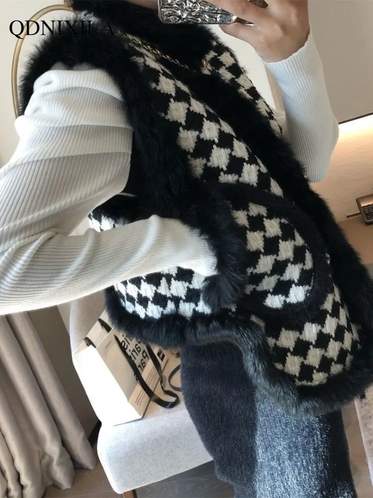 Women's Vest Jackets Faux Fur Coat Thousand Bird Checkered Fur Collar Vest Velvet Fur Waistcoat Sleeveless Vests for Women