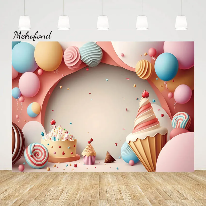 

Mehofond Candy Color 3D Ice Cream Backdrop for Newborn Cake Smash Decor Photography Background Princess Balloons Photo Studio
