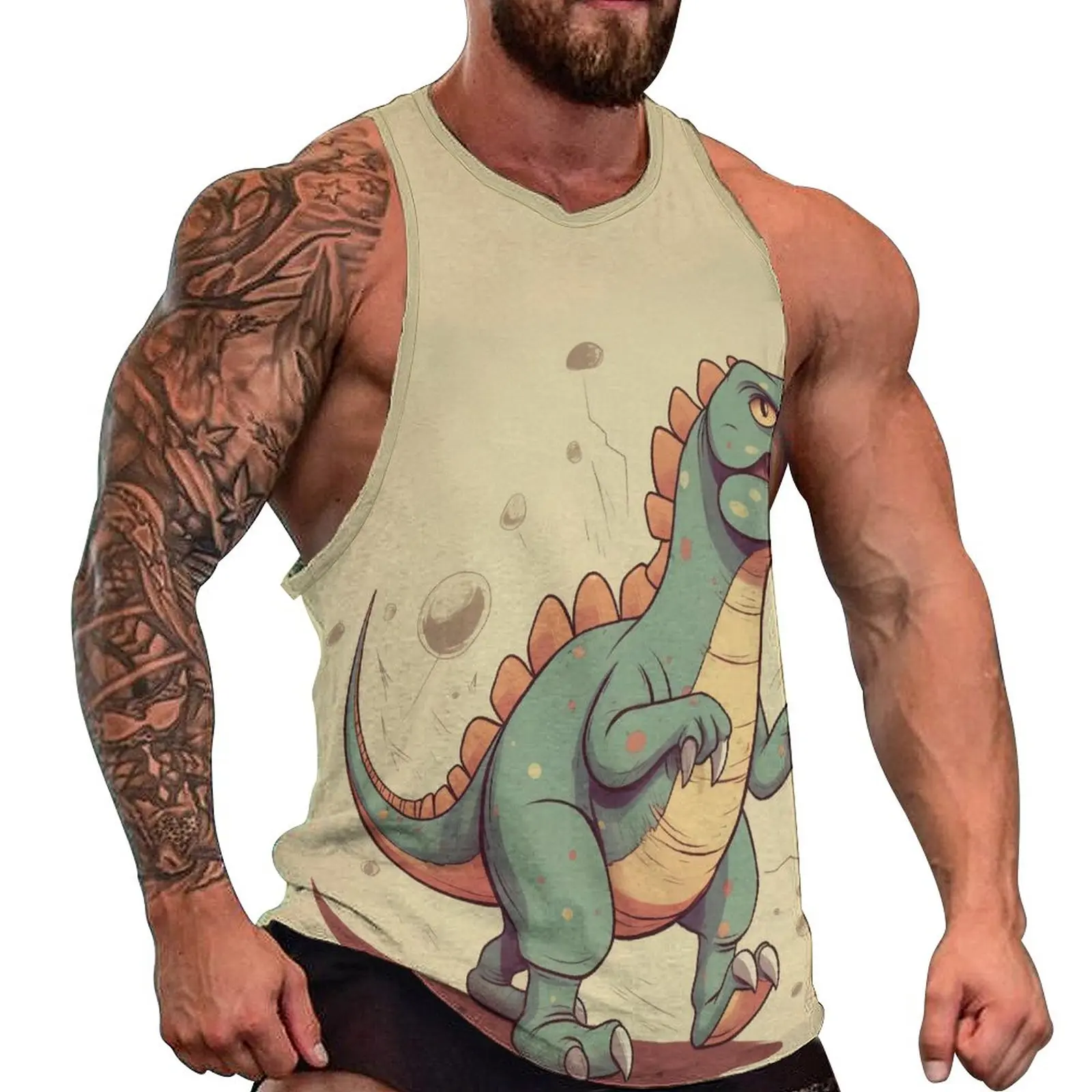 

Dinosaur Tank Top Man Gouache Cartoon Tops Daily Graphic Gym Cool Oversized Sleeveless Shirts