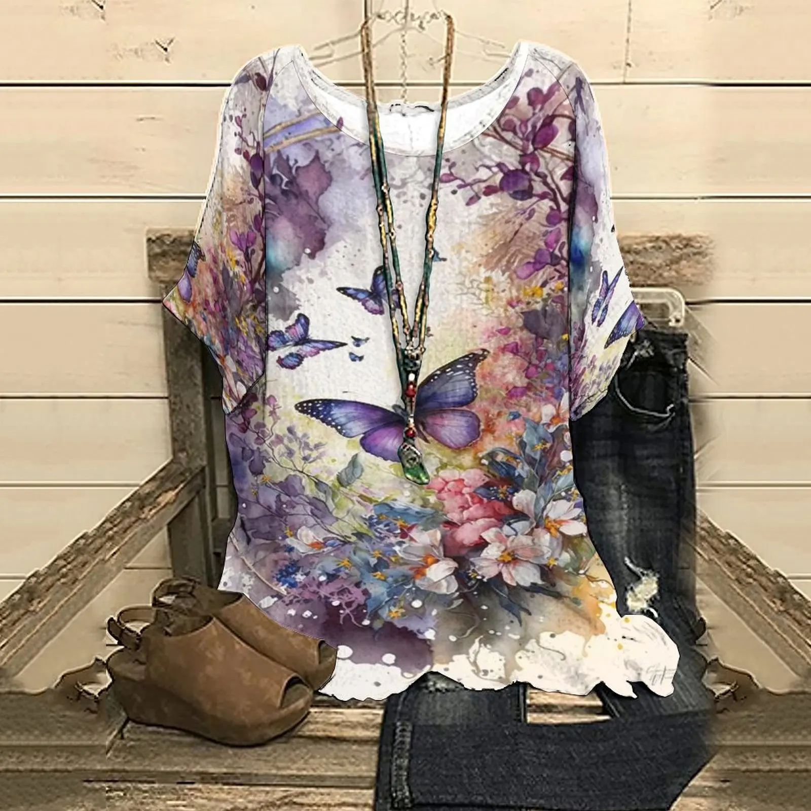 

Летняя женская футболка с рукавом до локтя, модные футболки с цветочным принтом бабочки для женщин, Классический Топ, Женский Топ, футболка