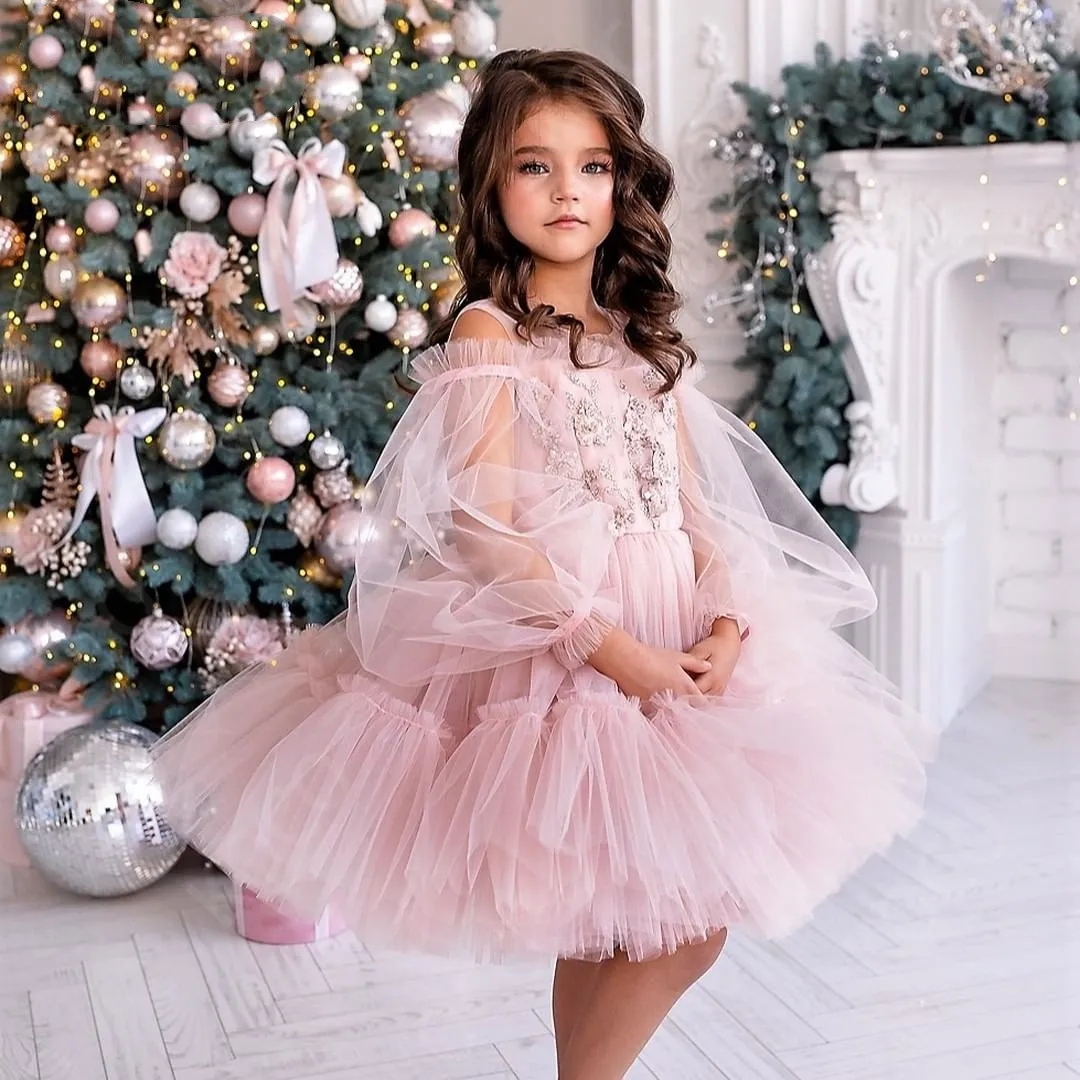 

Exquisite Flower Girl Dress Round Neck Strapless Puff Sleeve Prom Pageant Vestido Little Girl First Communion Ceremony