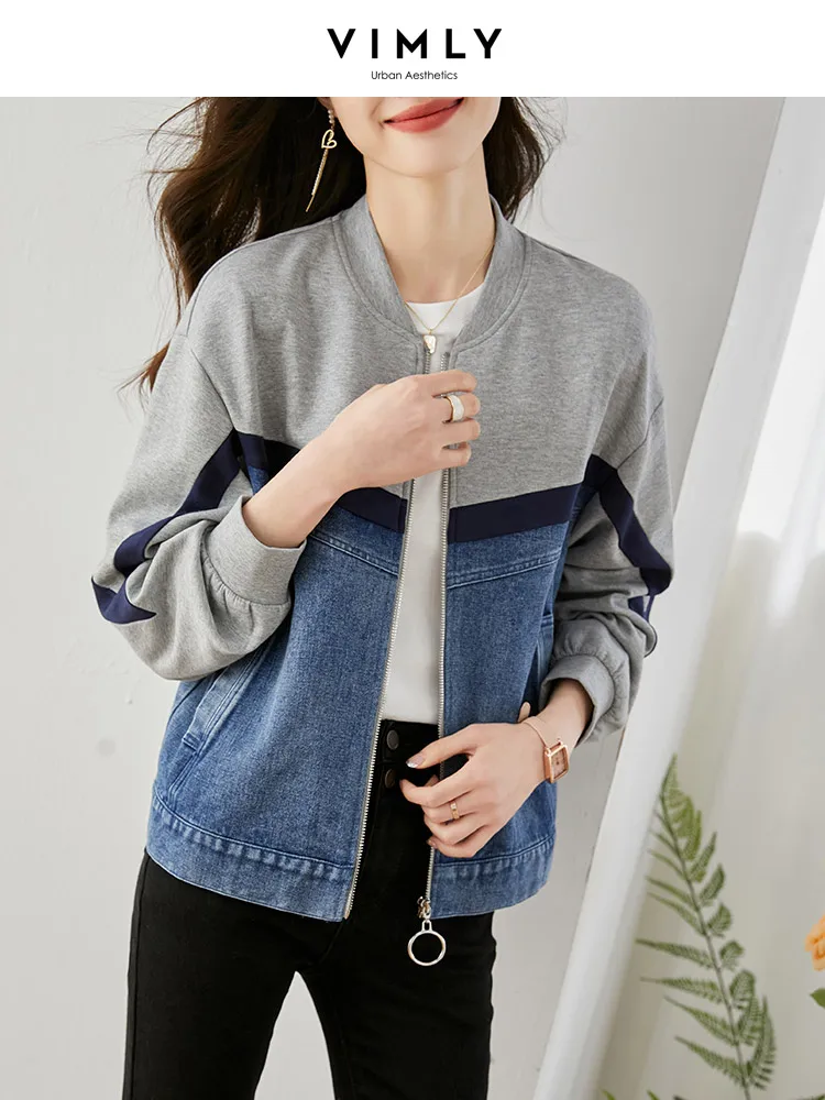 Vimly 2023 Spring American Retro Baseball Denim Jacket for Women Fashion Casual Zippers Patchwork Loose Short Coats Outerwear