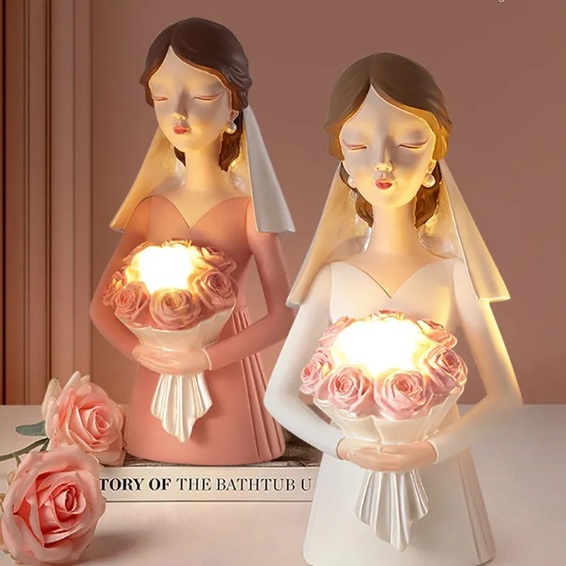 

Скандинавская настольная лампа, светодиодный прикроватный светильник для спальни, лампа с ангелом для девушек, романтическое украшение, св...