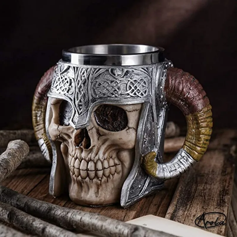 

Skull Mug Viking Drinking Coffee Cup with Ram Horn Handle Resin Stainless Steel Skeleton Beer Mug for Beer Wine Water Drinking