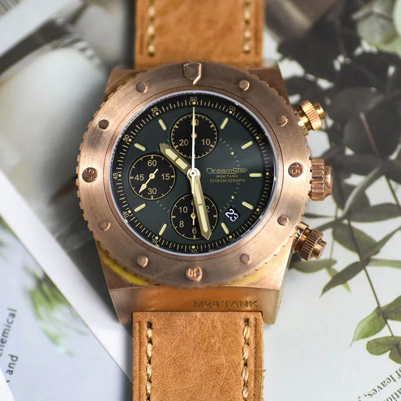 

45mm Luxury Automatic Mechanical Watch ETA7750 Movement Calendar Waterproof Sapphire Glass Mirror Chronograph Bronze Mens Watch